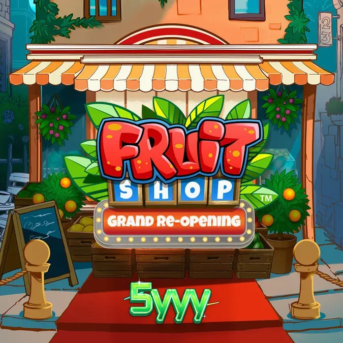 Interface vibrante do slot Fruit Shop Grand Re-Opening com símbolos de frutas clássicos